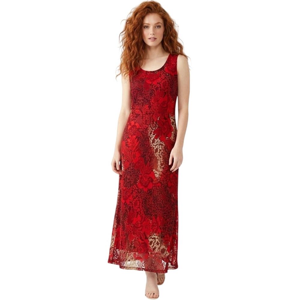 Studio 1 Sleeveless Deep Red Maxi Dress Formal Floral Wedding Lightweight Large